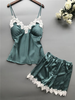 Đồ ngủ nữ thoáng khí Đồ ngủ Satin Bộ đồ lót ren hai mảnh cổ V