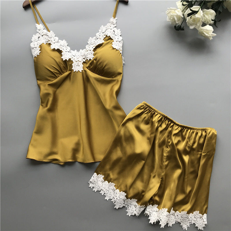 Đồ ngủ nữ thoáng khí Đồ ngủ Satin Bộ đồ lót ren hai mảnh cổ V