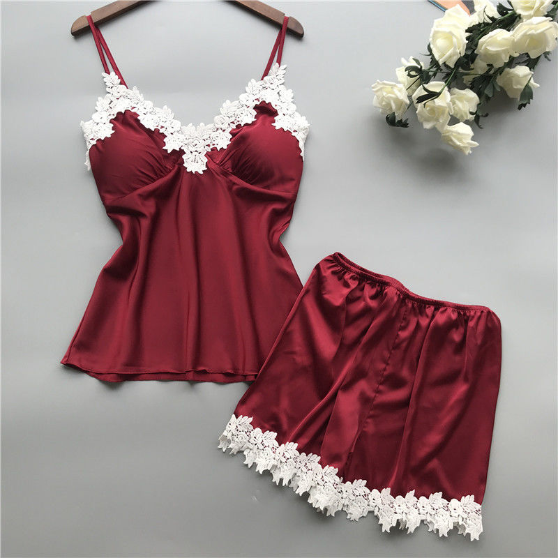 Đồ ngủ nữ thoáng khí Đồ ngủ Satin Bộ đồ lót ren hai mảnh cổ V