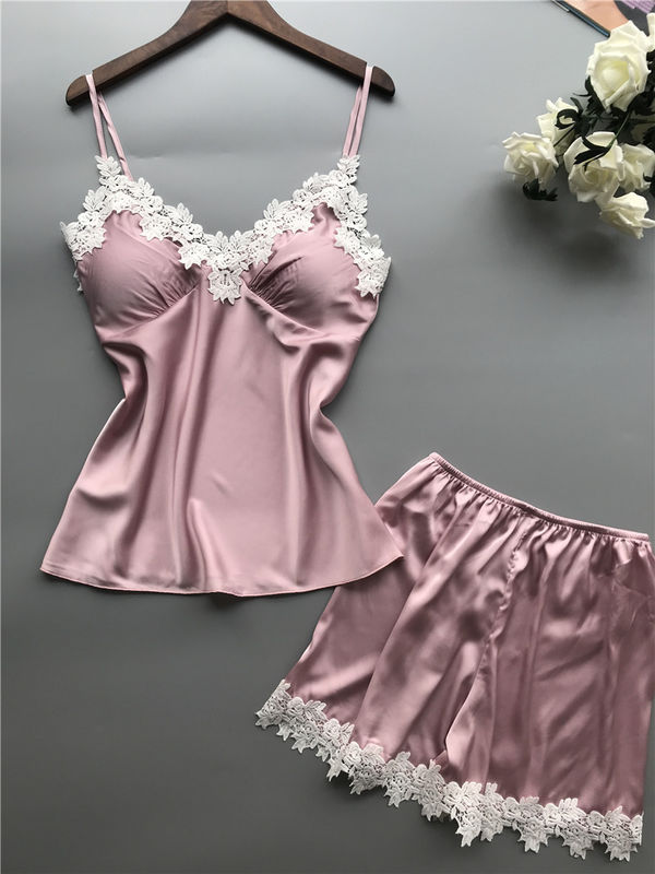 Đồ ngủ nữ thoáng khí Đồ ngủ Satin Bộ đồ lót ren hai mảnh cổ V
